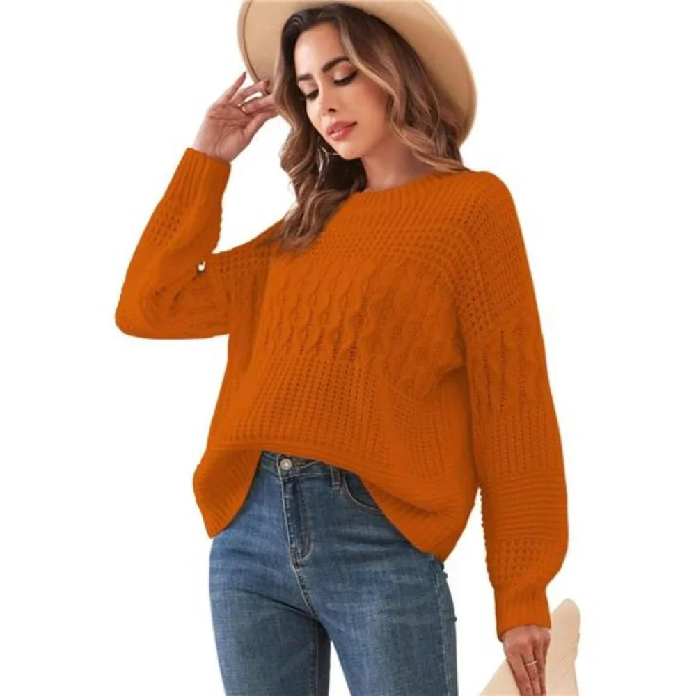 Women's Fall Sweaters Lantern Sleeve Ribbed Cable Knit Sweater Pullover